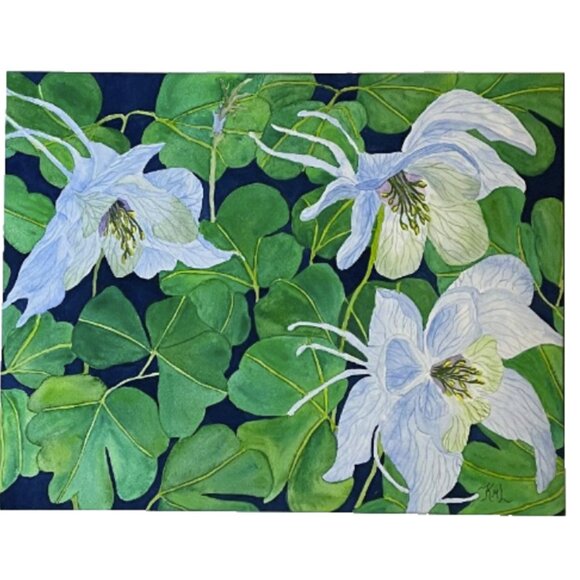 PAINTING WATERCOLOR ORIGINAL ART COLUMBINE 11X14 BLUE PURPLE FLORAL 16X20 MAT